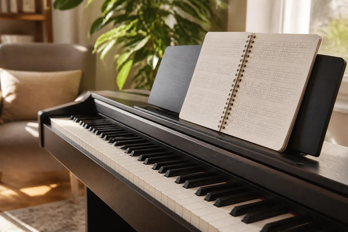 Clavier de piano vu de trois quarts dans un salon, cahier de grilles d&rsquo;accords ouvert sur le pupitre