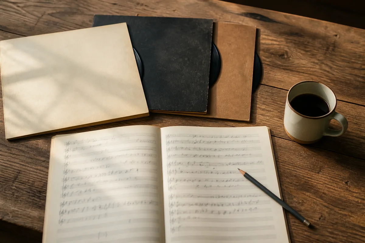 Vinyles de jazz posés à côté d&rsquo;un carnet manuscrit de grilles harmoniques sur une table en bois