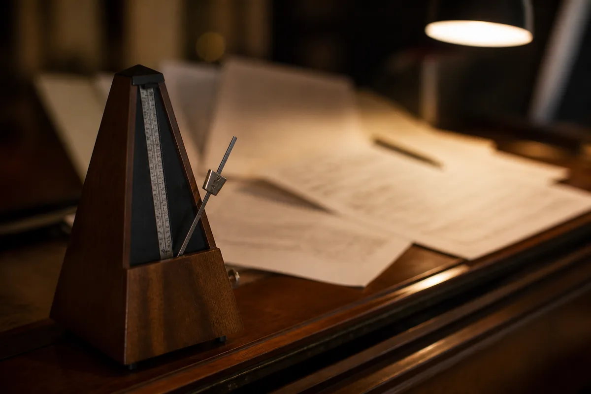 Métronome mécanique posé sur un piano droit, partitions manuscrites de grilles en arrière-plan flou