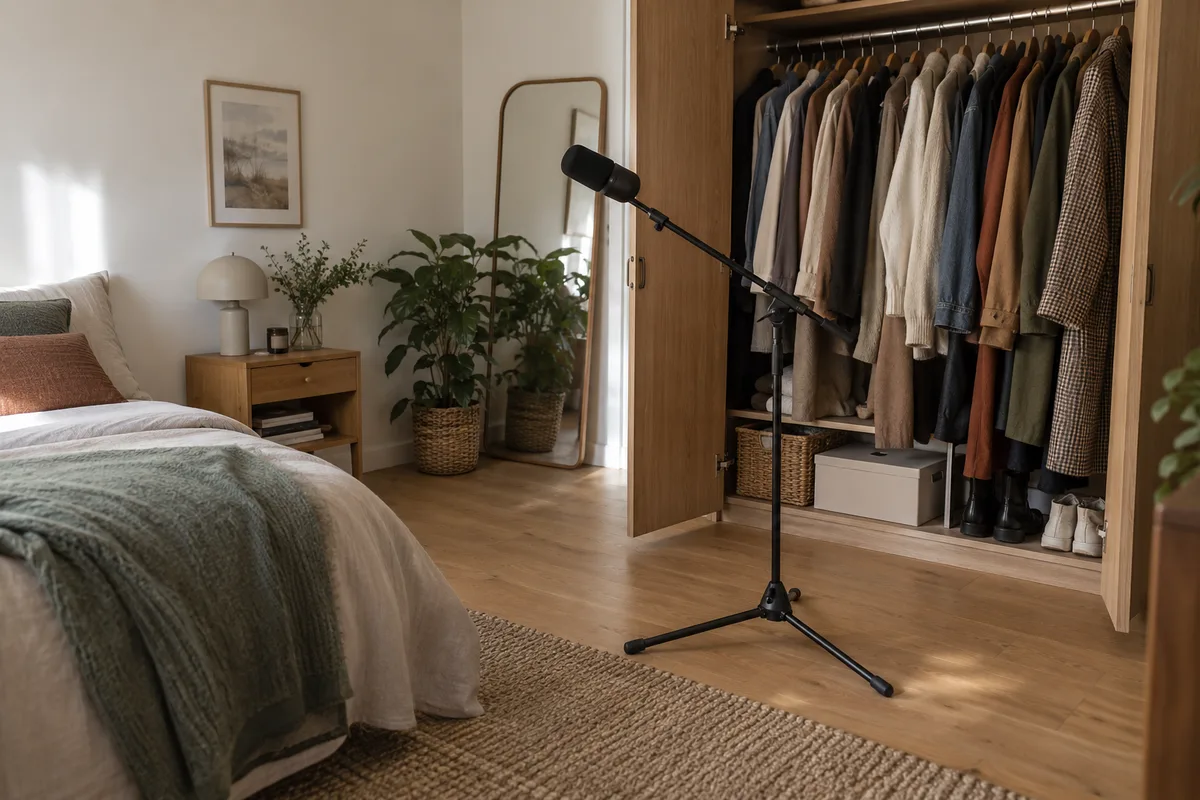 Coin de chambre avec une penderie ouverte remplie de vêtements et un pied de micro placé devant, sur un parquet