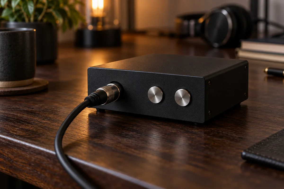 Interface audio compacte en boîtier métallique noir à deux gros boutons ronds, câble de micro branché en façade, sur un bureau en bois