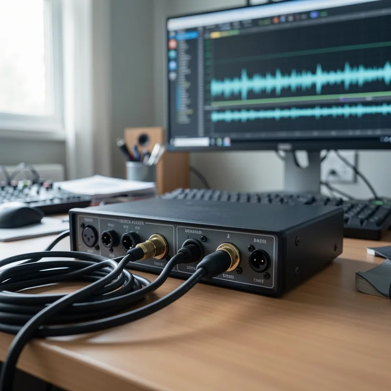 Interface audio USB deux entrées posée sur un bureau de home studio, câble XLR branché, écran d&rsquo;ordinateur flou en arrière-plan