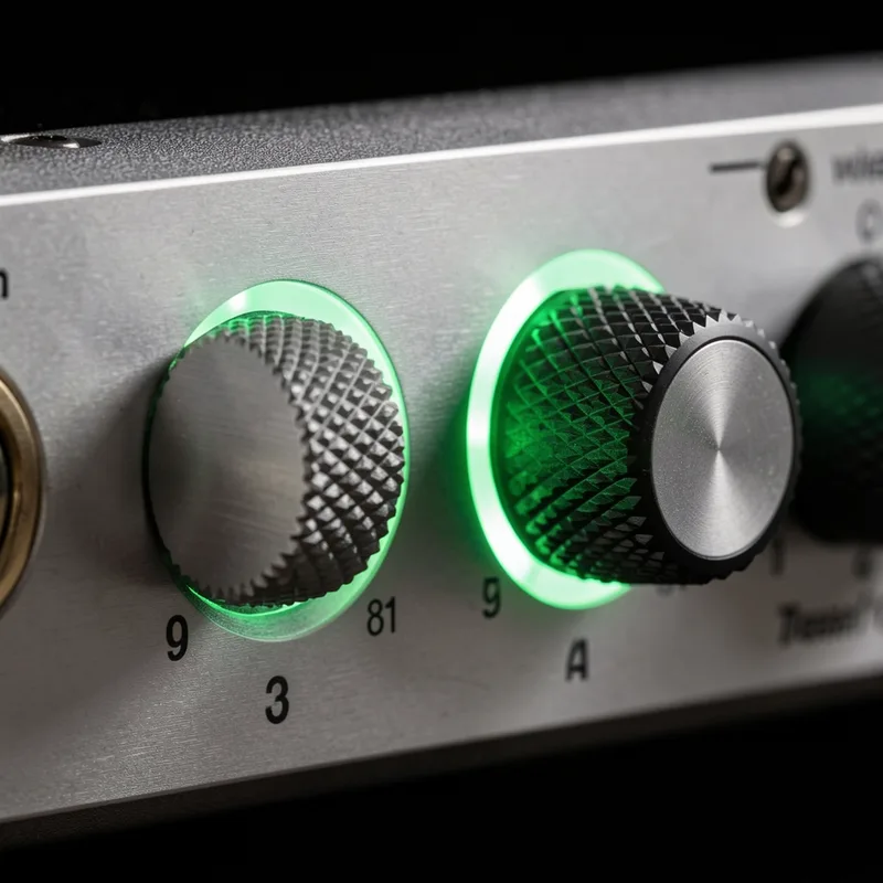 Gros plan sur les potentiomètres de gain et le vumètre lumineux d&rsquo;une interface audio, lumière rasante sur le boîtier métallique