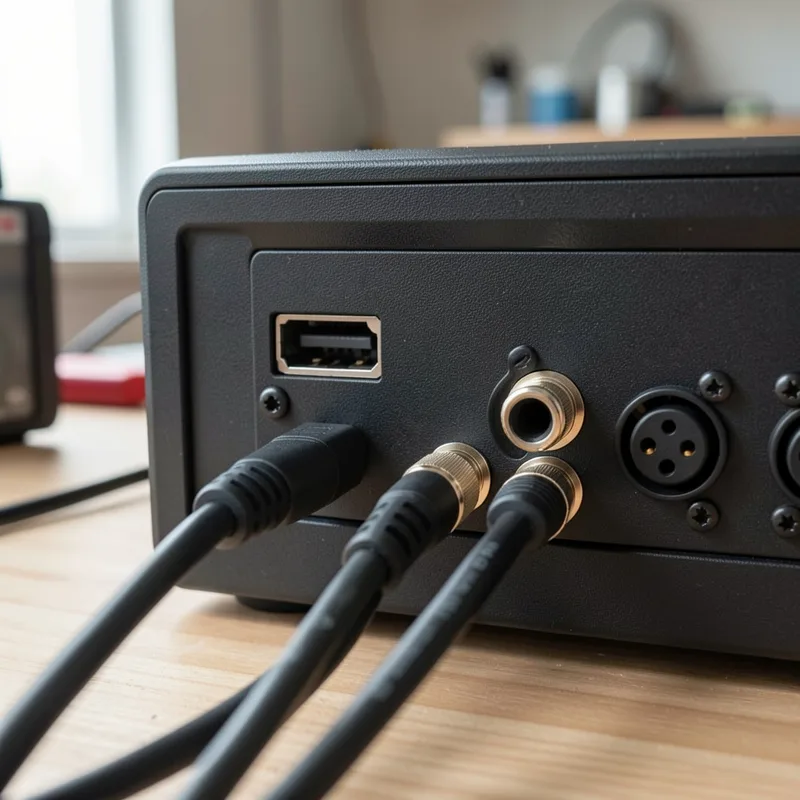 Panneau arrière d&rsquo;une interface audio avec connecteur USB-C, sorties jack symétriques et prises MIDI, câbles noirs soigneusement rangés