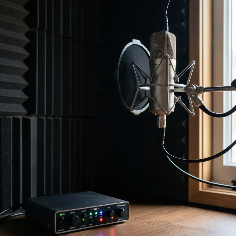 Micro statique sur suspension face à un écran anti-pop dans une pièce traitée acoustiquement, interface audio éclairée au premier plan