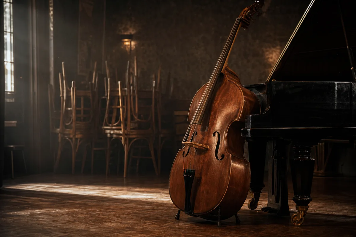 Contrebasse et piano à queue dans un club de jazz vide avant le concert