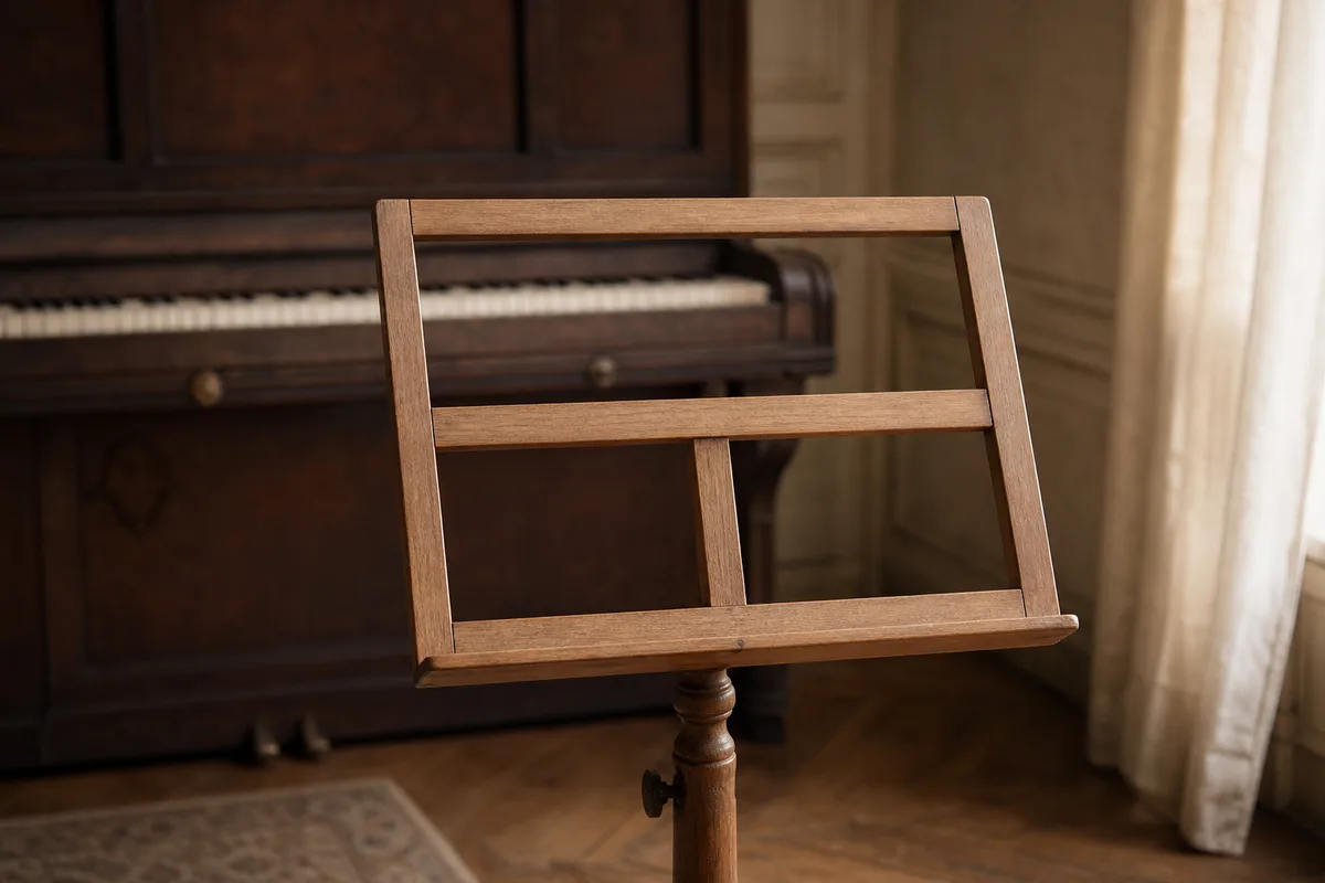Pupitre en bois vide devant un piano droit dans un salon feutré