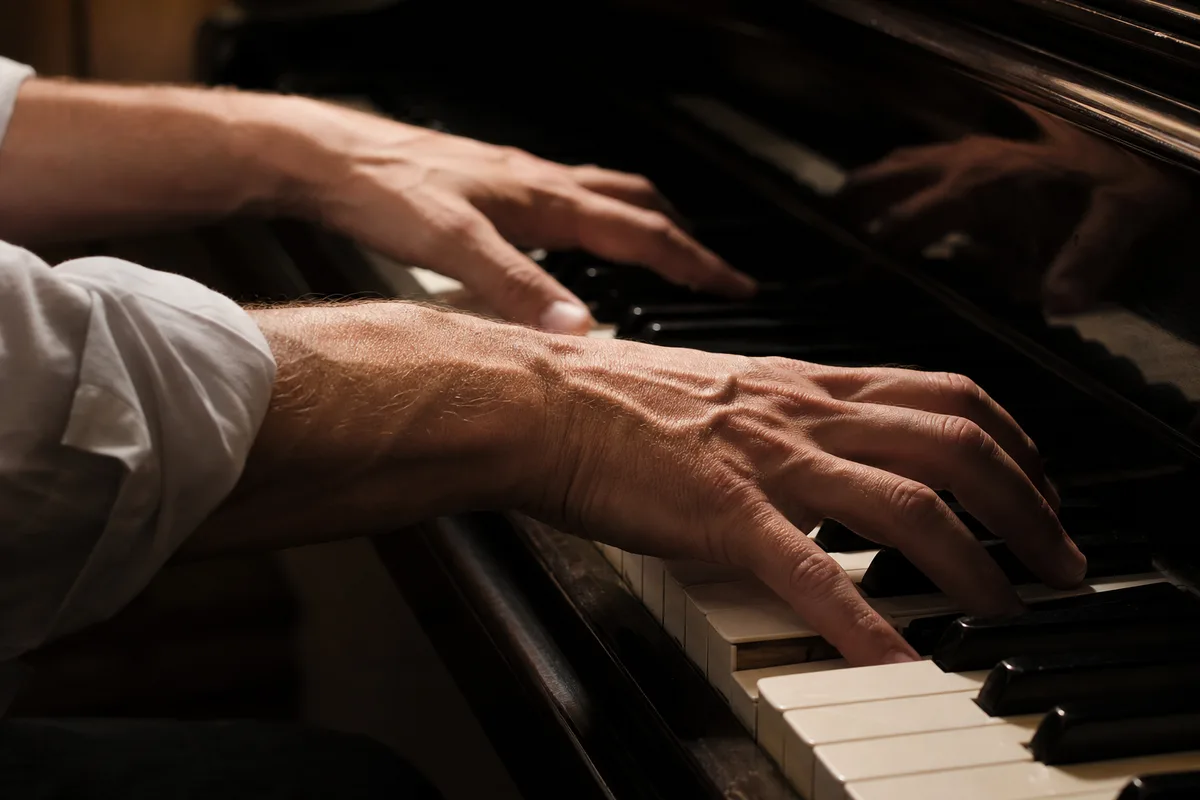Mains de pianiste sur les touches d un piano acoustique en lumière tamisée