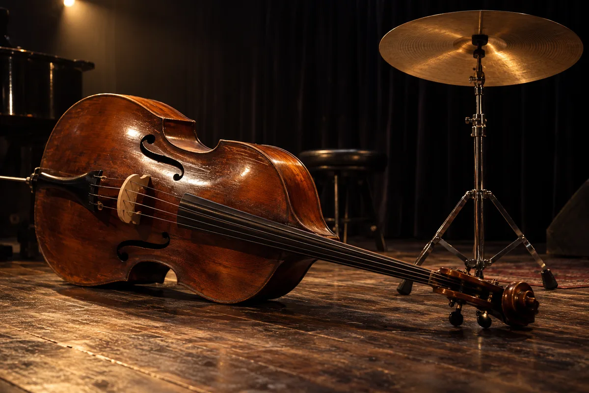 Contrebasse en bois verni couchée sur le flanc près d’une cymbale sur pied, sur une petite scène de club