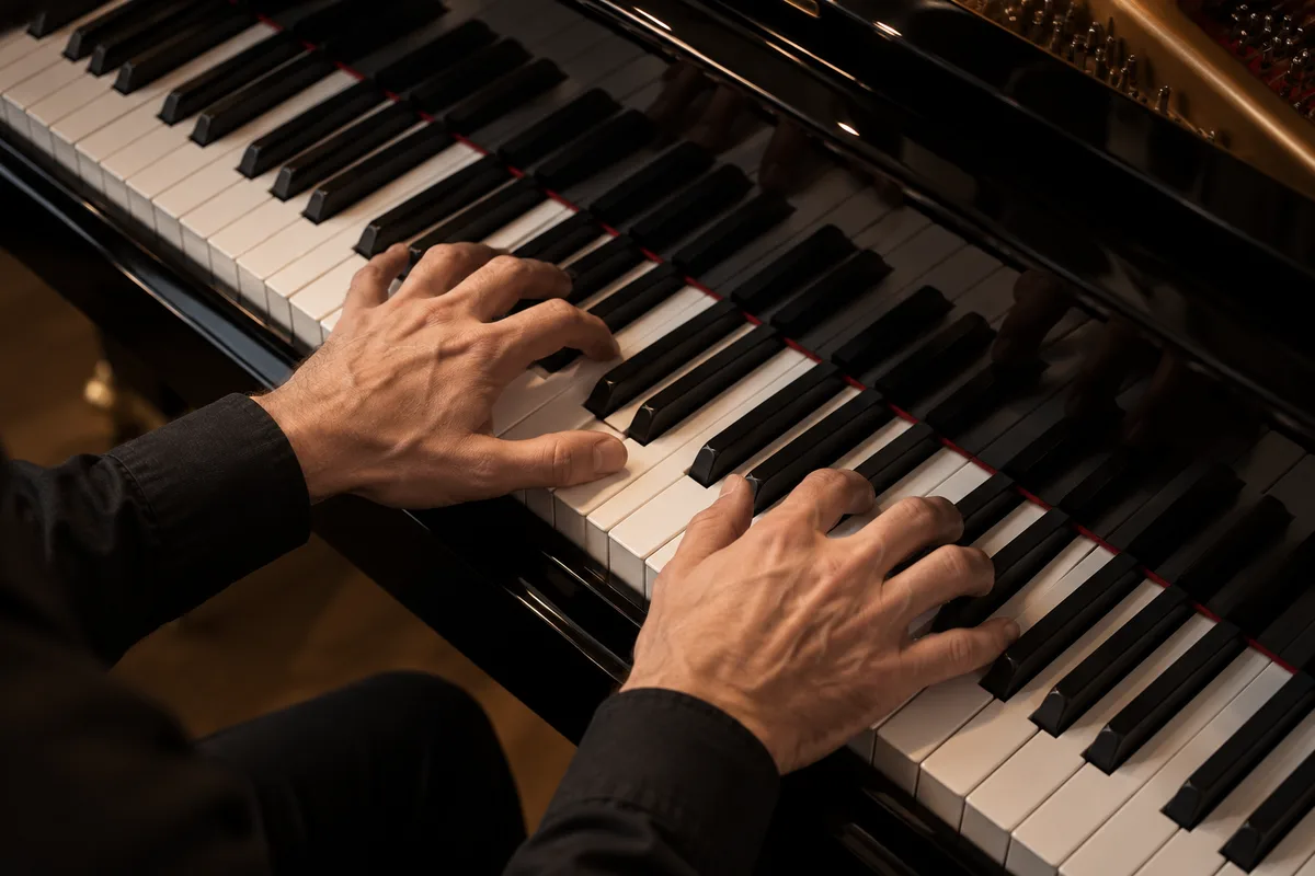 Mains d’un pianiste sur le clavier d’un piano à queue noir, vues en plongée de biais